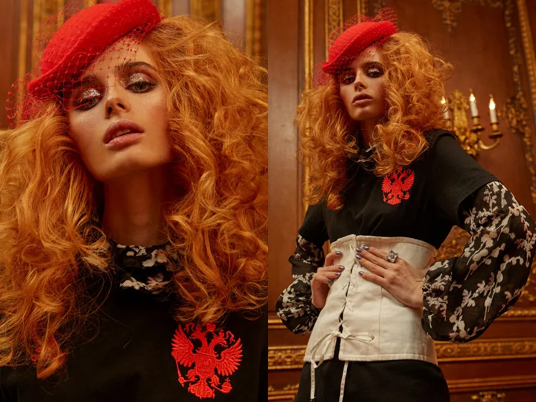 Model wearing an adidas football jersey with a Prada corset, styled by Olya Chuk to explore the contrast between football culture and high fashion.